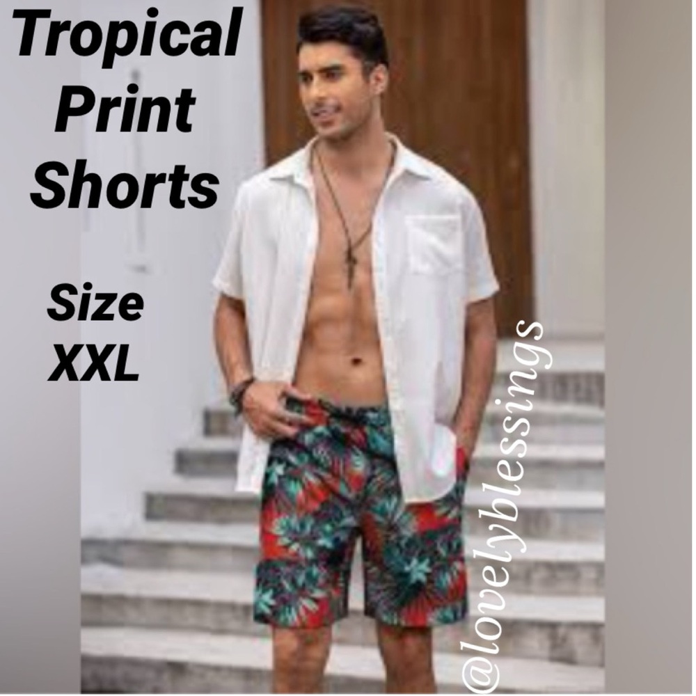 Tropical Mens Shorts Coofandy Hawaiian Print Hibiscus Drawstring Waist Size XXL